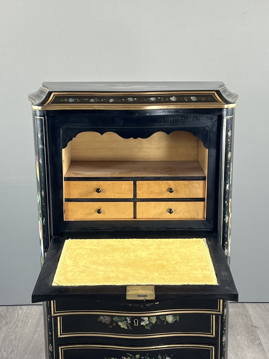 Napoleon III Drop-front Secretary Desk In Black Lacquered Wood, Hand-painted Floral Decoration, Late 19th Century -photo-8