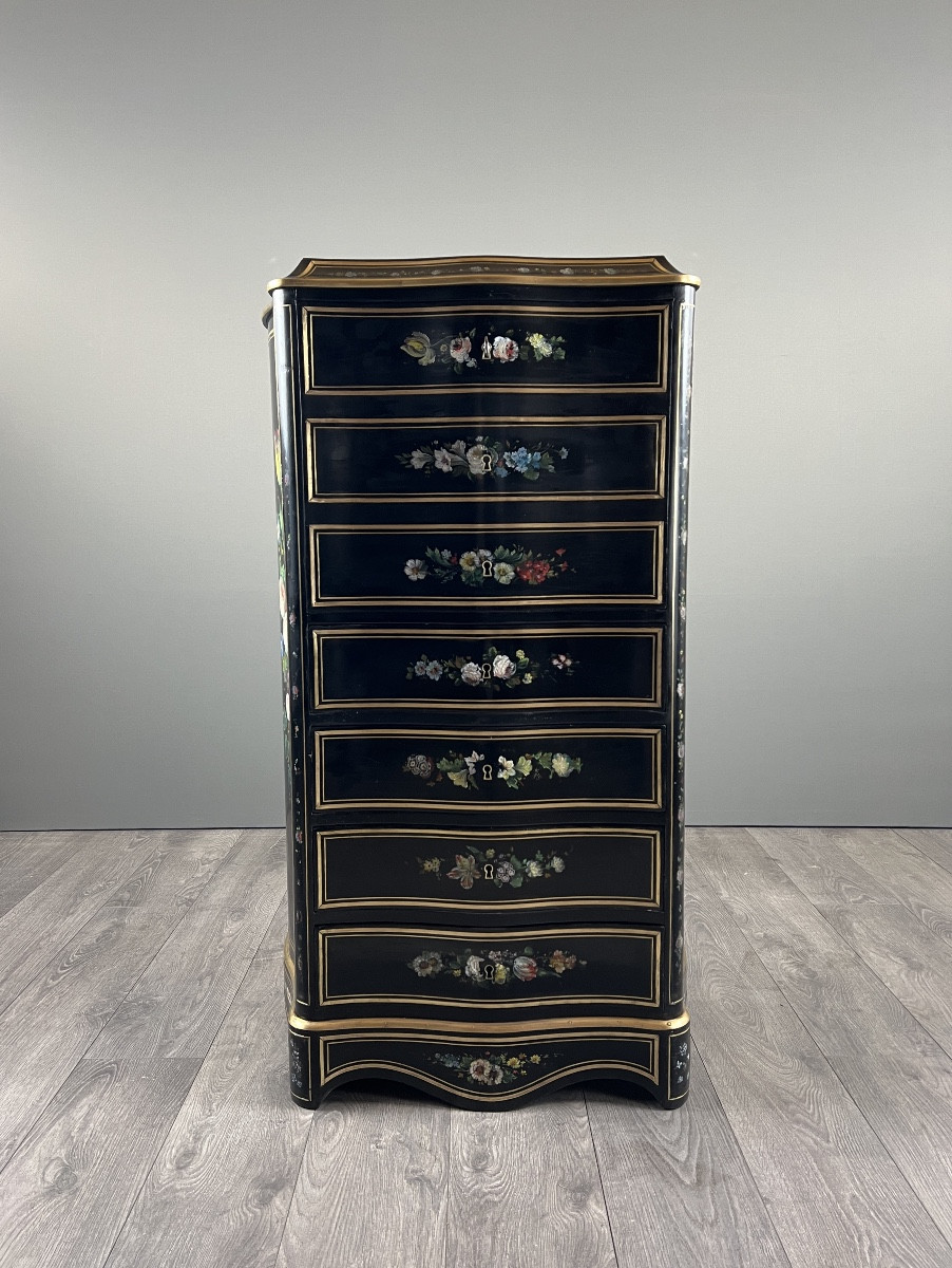 Napoleon III Drop-front Secretary Desk In Black Lacquered Wood, Hand-painted Floral Decoration, Late 19th Century 