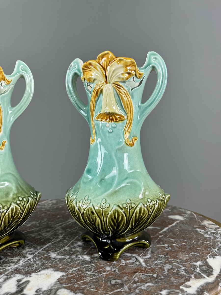 Pair Of Art Nouveau Glazed Ceramic Vases With Floral Decoration, 20th Century-photo-2