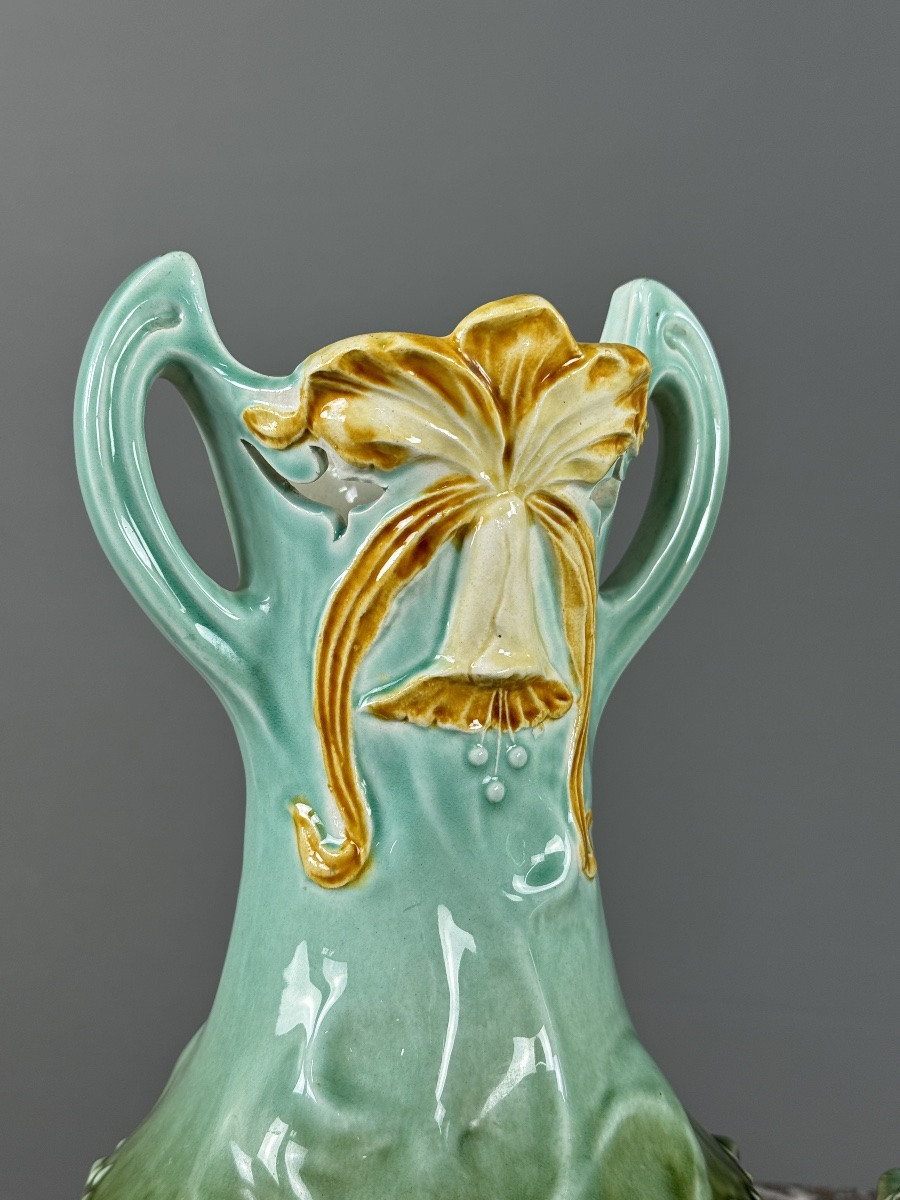 Pair Of Art Nouveau Glazed Ceramic Vases With Floral Decoration, 20th Century-photo-3