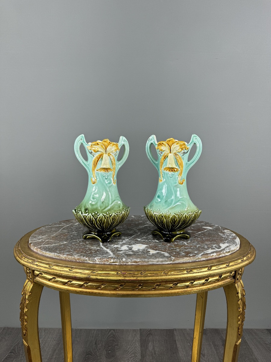 Pair Of Art Nouveau Glazed Ceramic Vases With Floral Decoration, 20th Century-photo-4