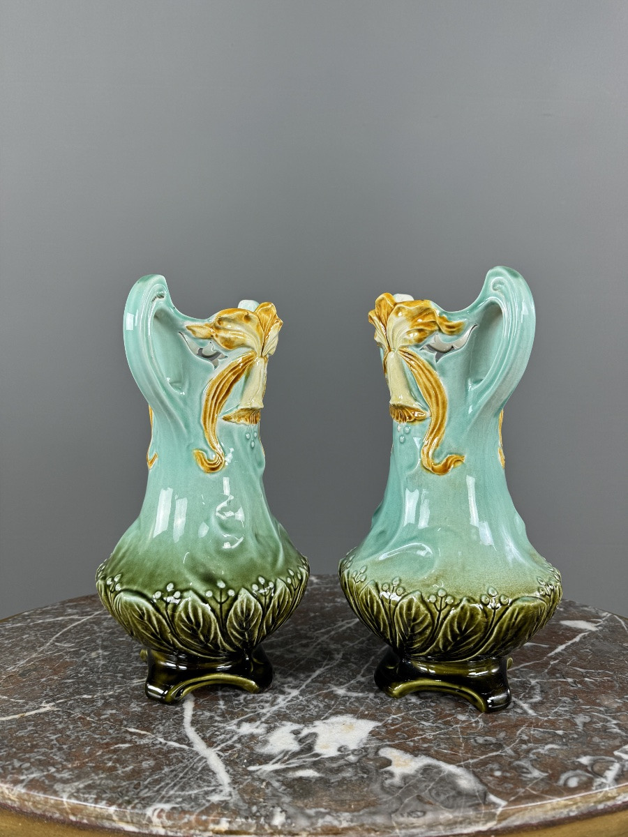 Pair Of Art Nouveau Glazed Ceramic Vases With Floral Decoration, 20th Century-photo-1