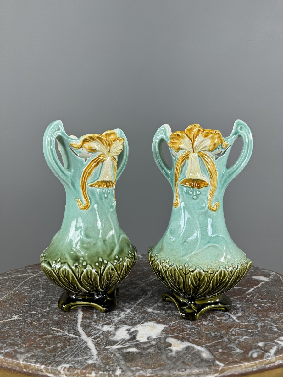 Pair Of Art Nouveau Glazed Ceramic Vases With Floral Decoration, 20th Century-photo-2