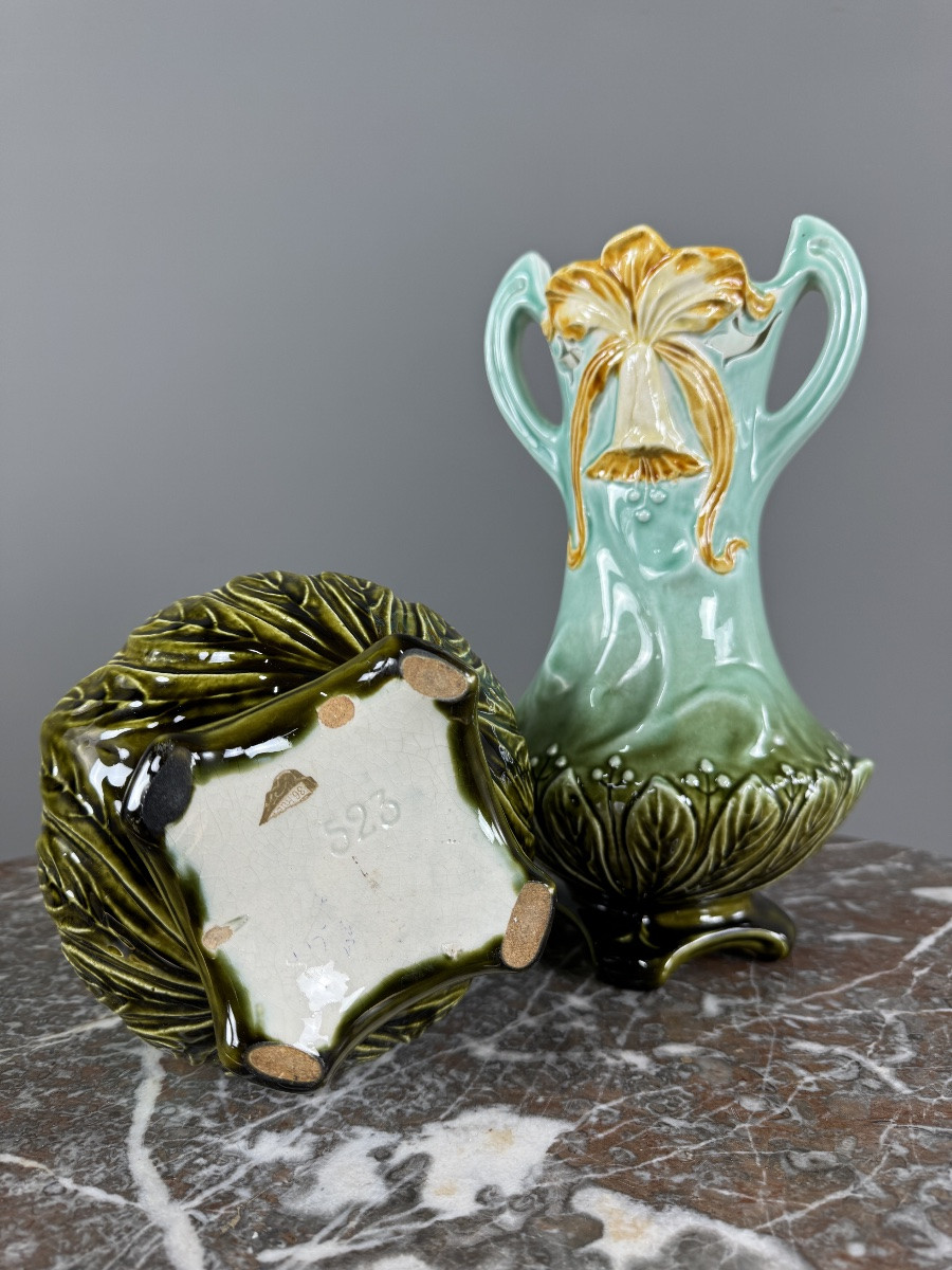 Pair Of Art Nouveau Glazed Ceramic Vases With Floral Decoration, 20th Century-photo-3