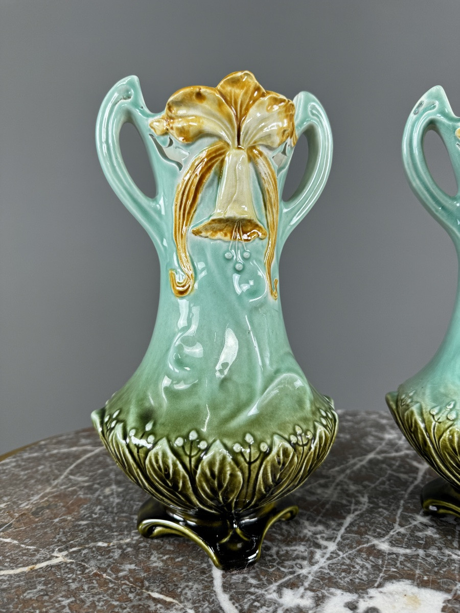 Pair Of Art Nouveau Glazed Ceramic Vases With Floral Decoration, 20th Century-photo-4