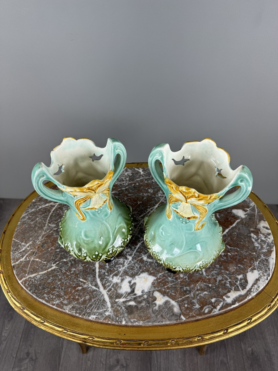 Pair Of Art Nouveau Glazed Ceramic Vases With Floral Decoration, 20th Century-photo-5