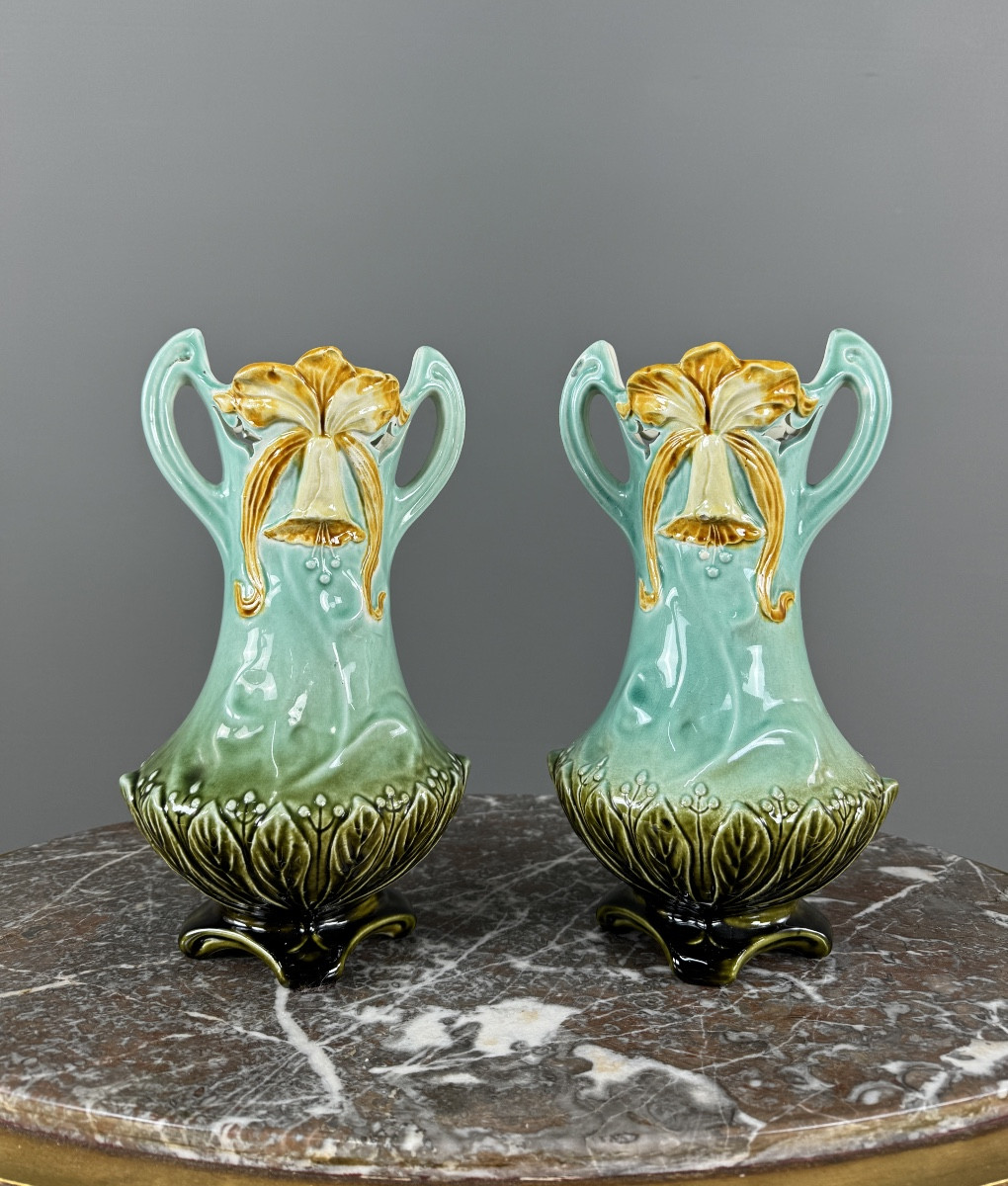 Pair Of Art Nouveau Glazed Ceramic Vases With Floral Decoration, 20th Century