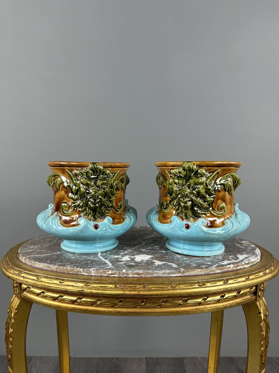 Paire de cache-pots en barbotine à décor de mascarons,  XIXe siècle-photo-4