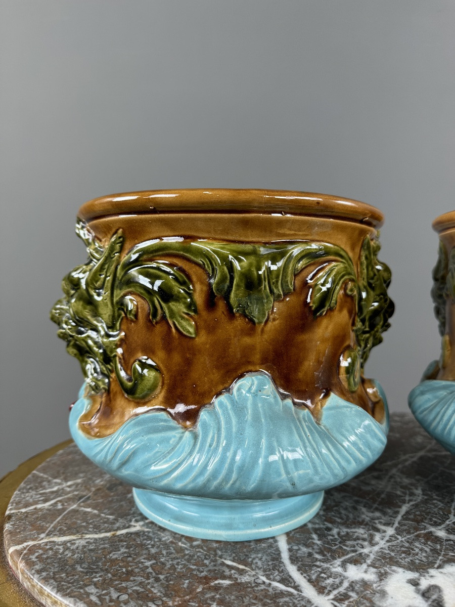 Paire de cache-pots en barbotine à décor de mascarons,  XIXe siècle-photo-4
