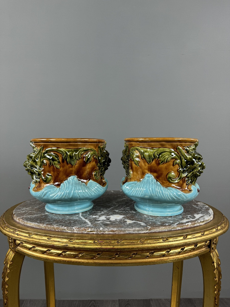 Paire de cache-pots en barbotine à décor de mascarons,  XIXe siècle-photo-5