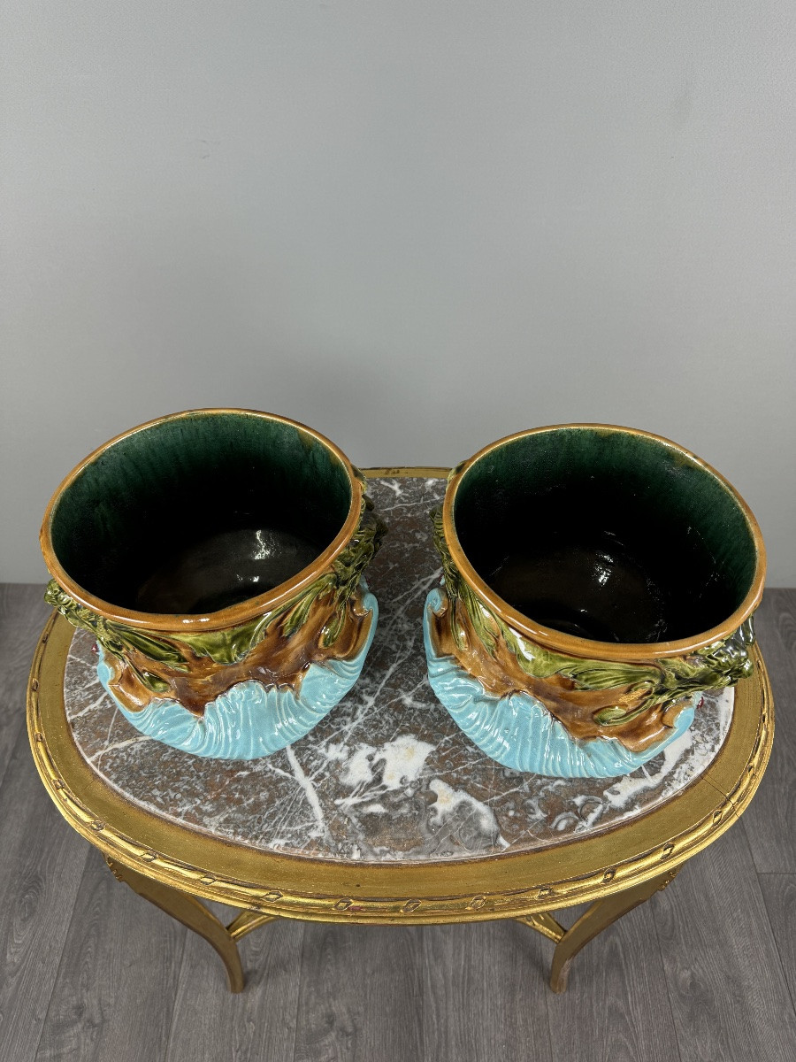 Paire de cache-pots en barbotine à décor de mascarons,  XIXe siècle-photo-6