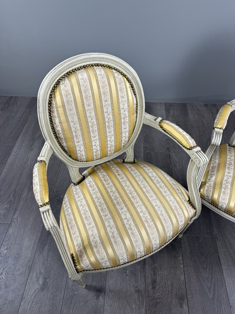 Pair Of Louis XVI Style Medallion Armchairs With Footrests, 20th Century-photo-2