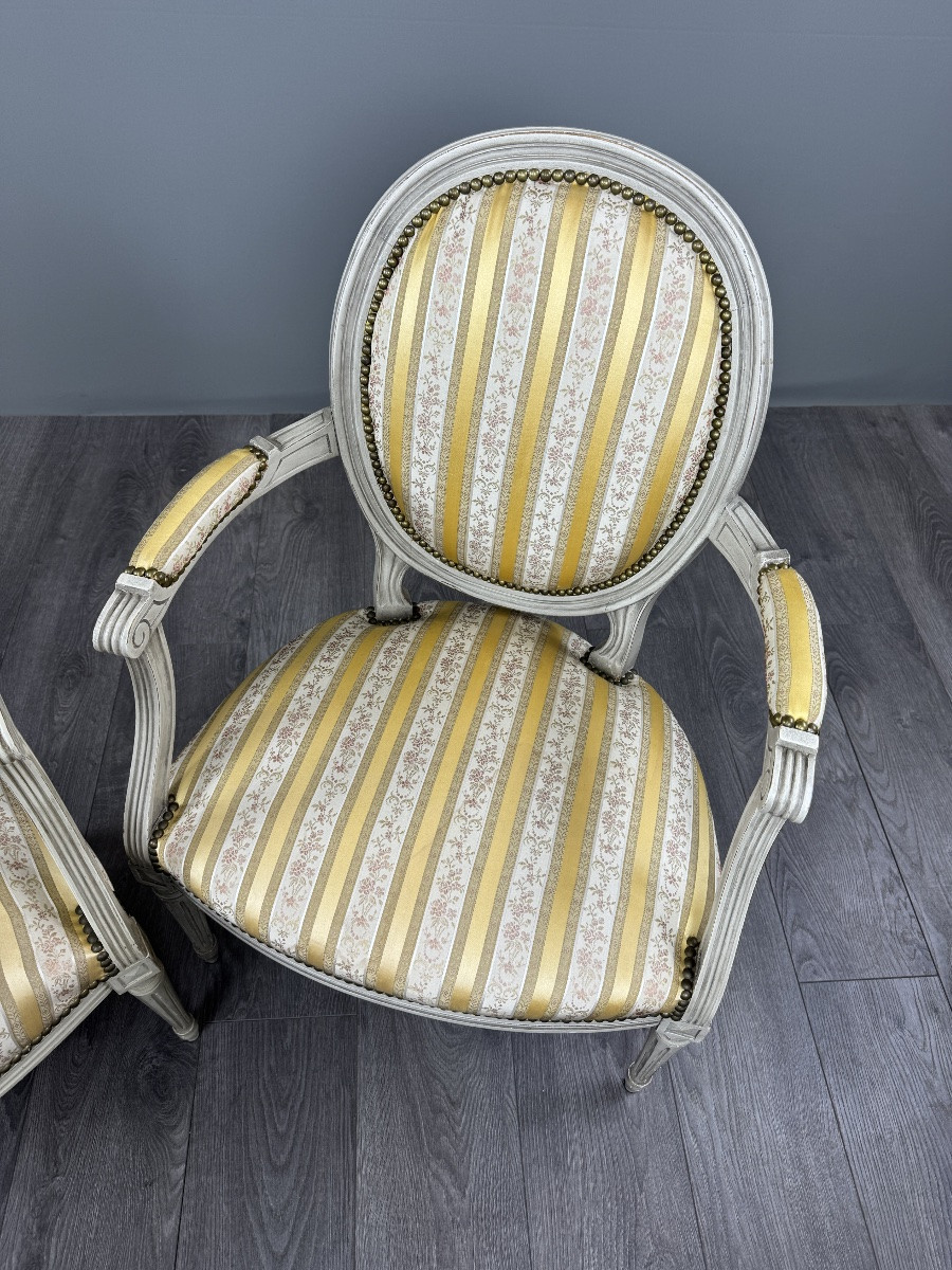 Pair Of Louis XVI Style Medallion Armchairs With Footrests, 20th Century-photo-4