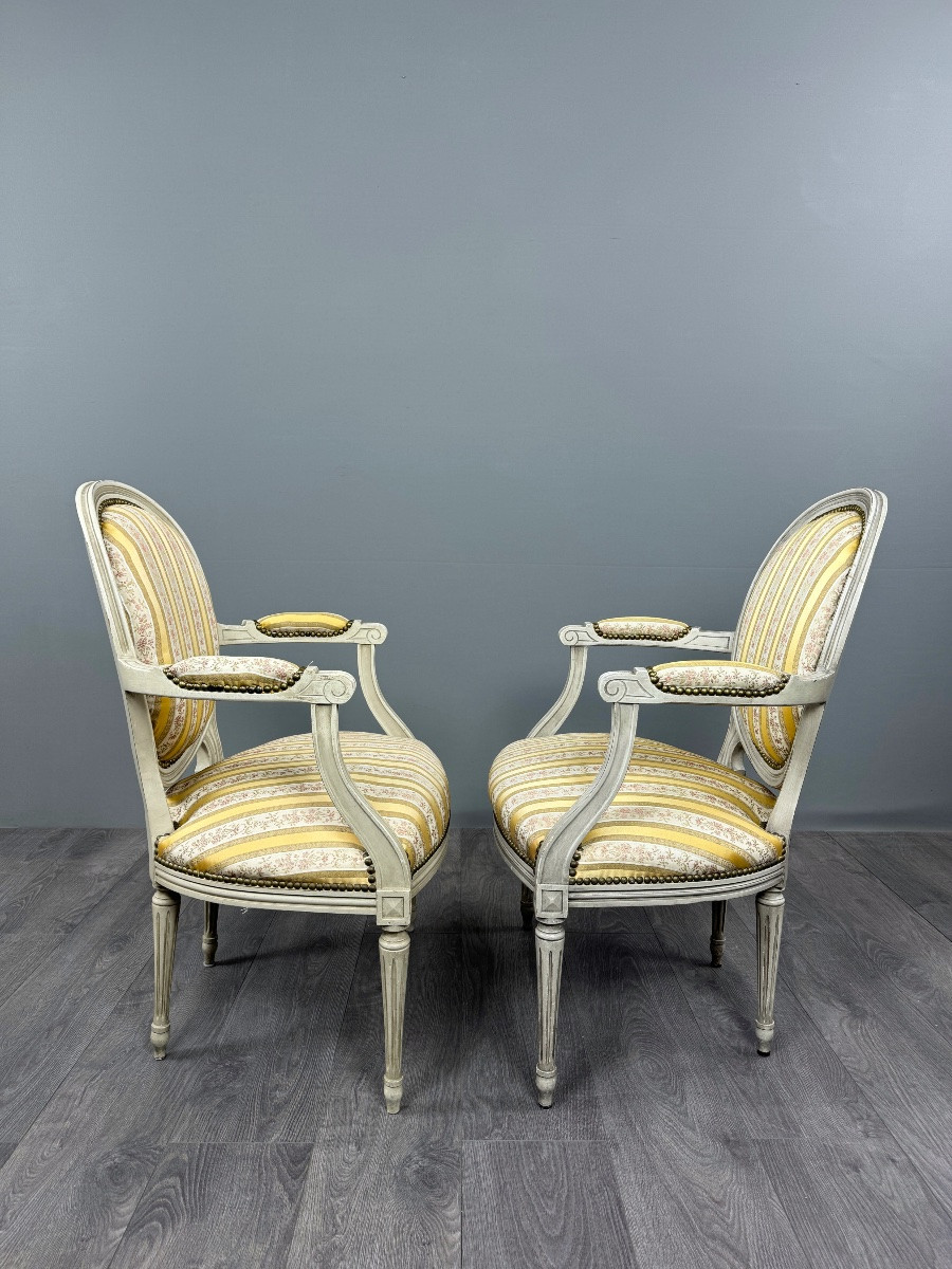 Pair Of Louis XVI Style Medallion Armchairs With Footrests, 20th Century-photo-5