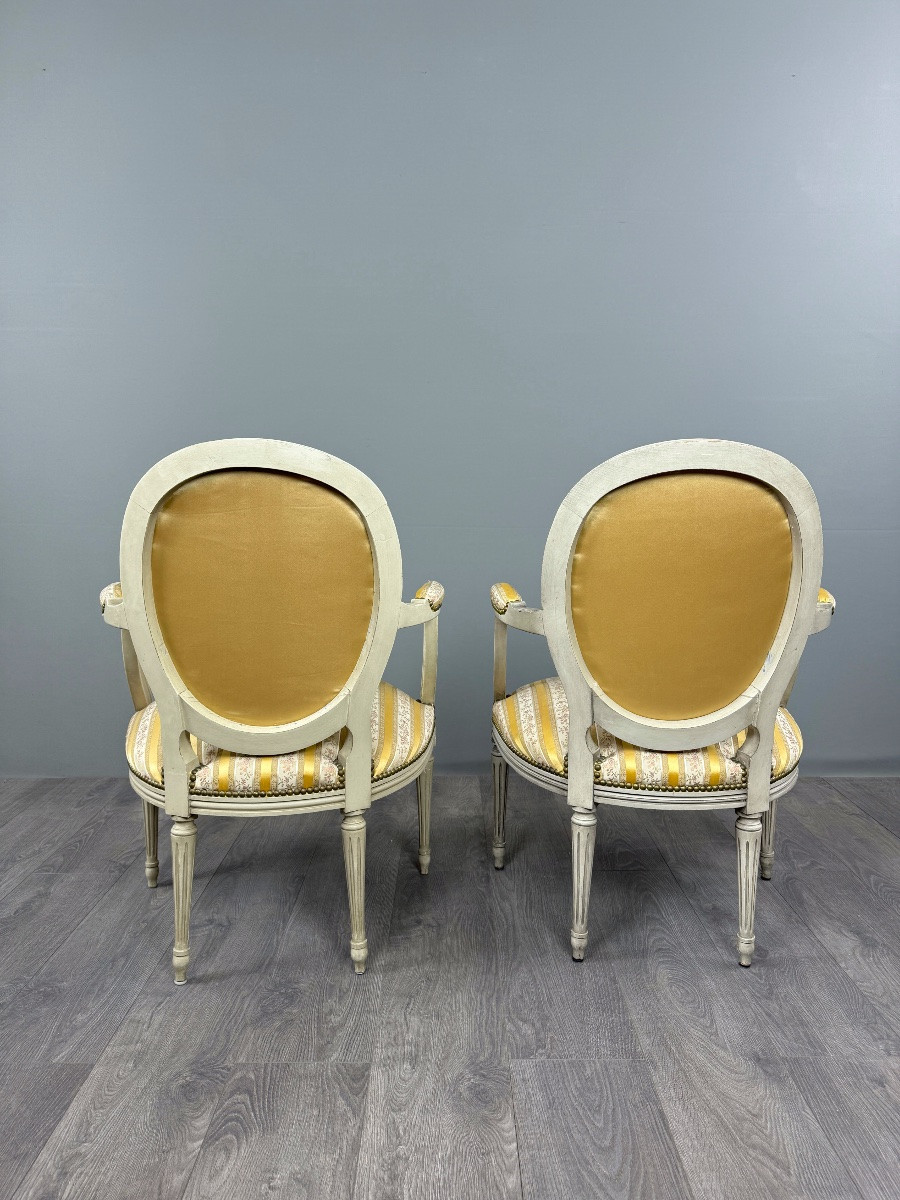 Pair Of Louis XVI Style Medallion Armchairs With Footrests, 20th Century-photo-7
