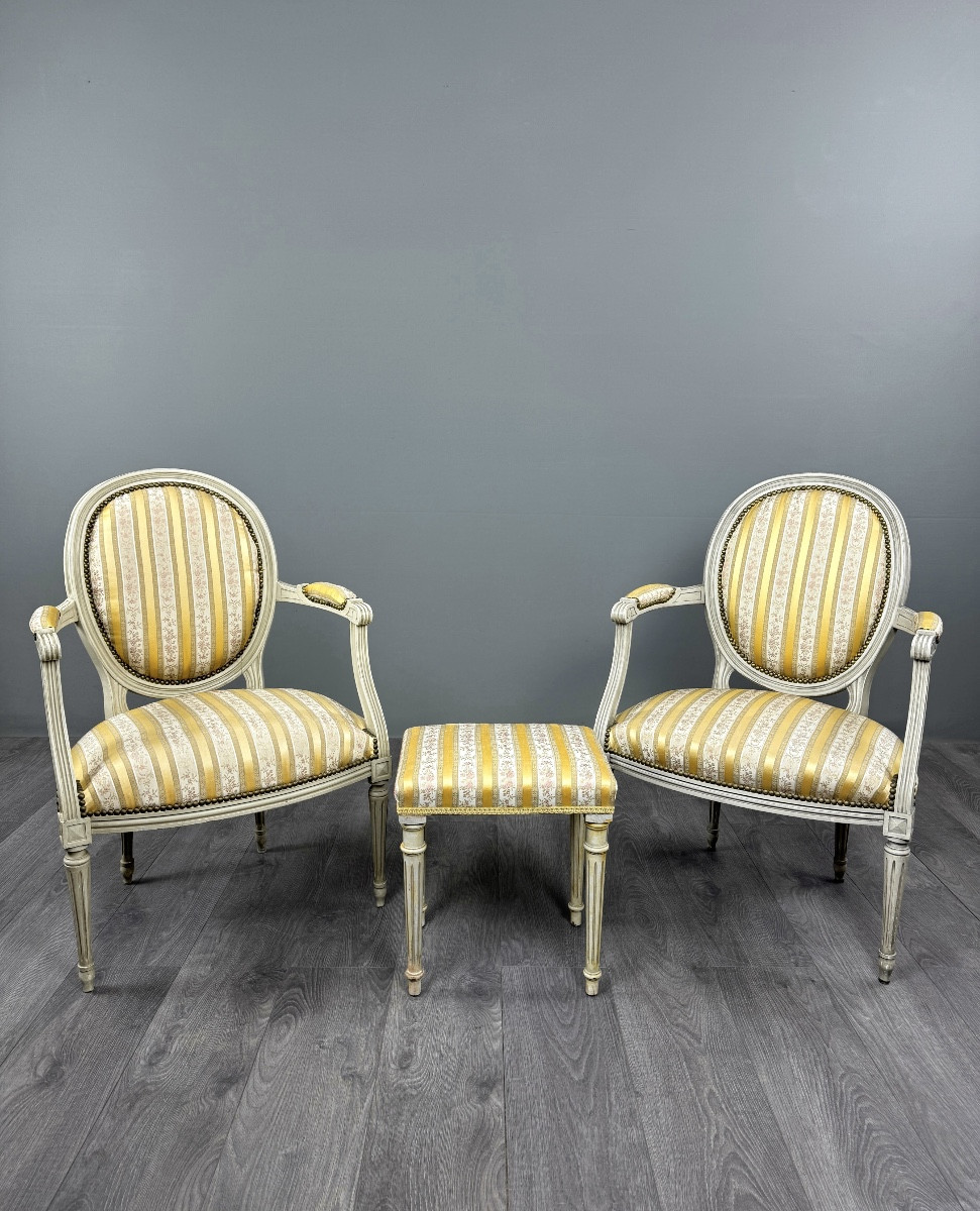 Pair Of Louis XVI Style Medallion Armchairs With Footrests, 20th Century
