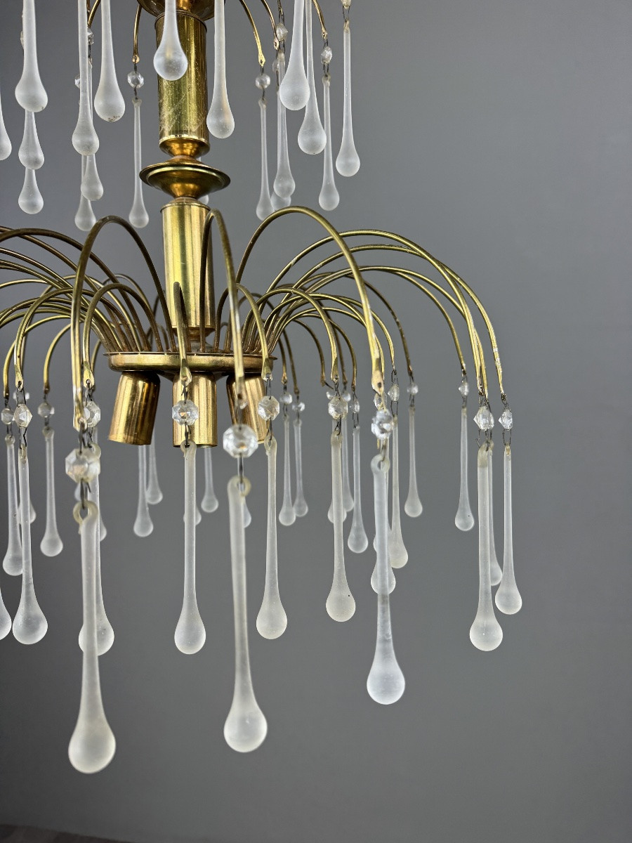 Lustre en laiton doré et pampilles de verre, XXe siècle-photo-2