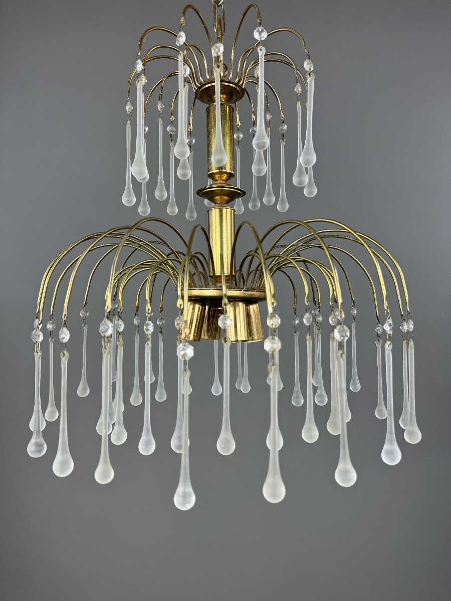 Lustre en laiton doré et pampilles de verre, XXe siècle-photo-3