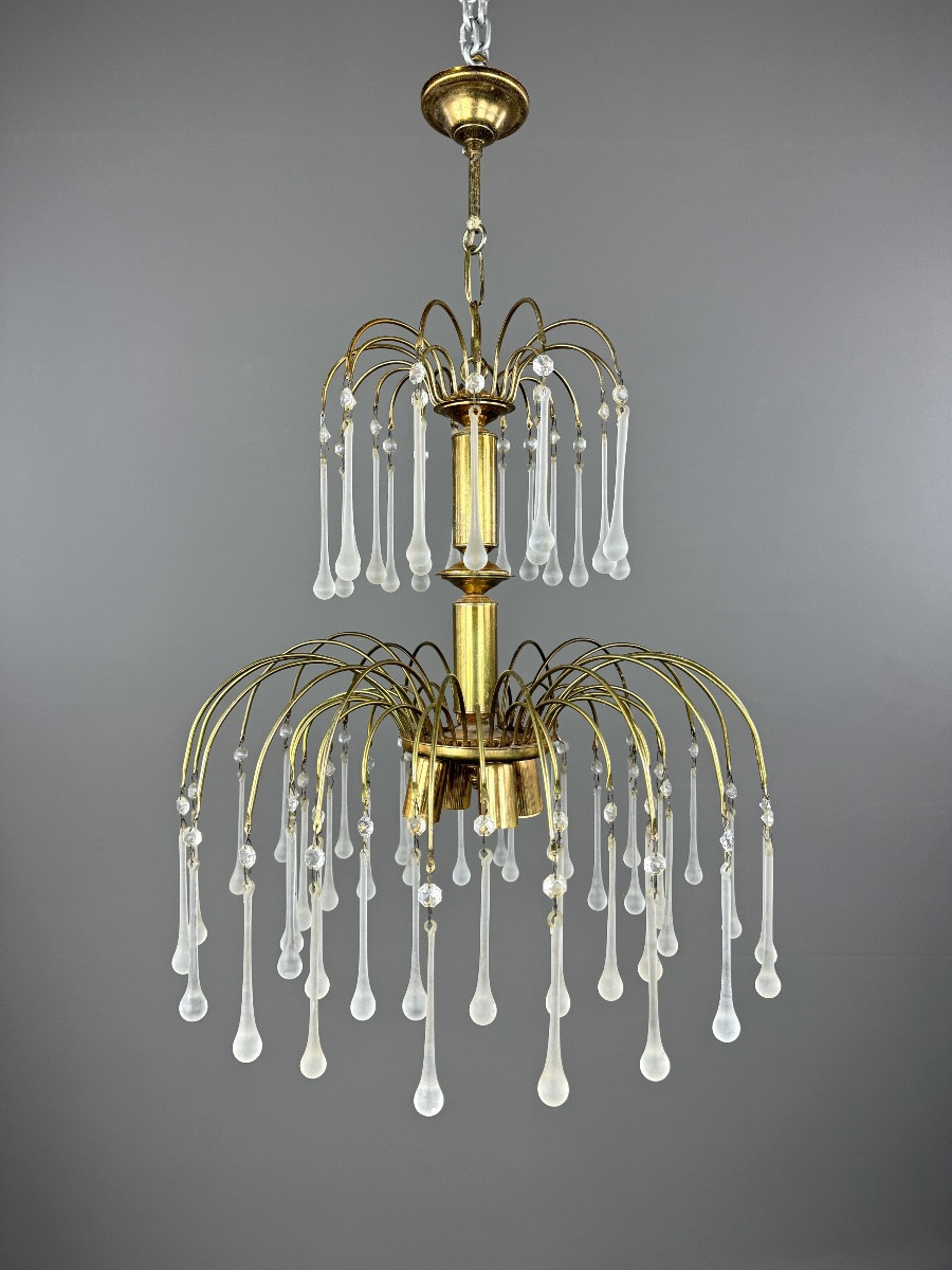 Lustre en laiton doré et pampilles de verre, XXe siècle-photo-1