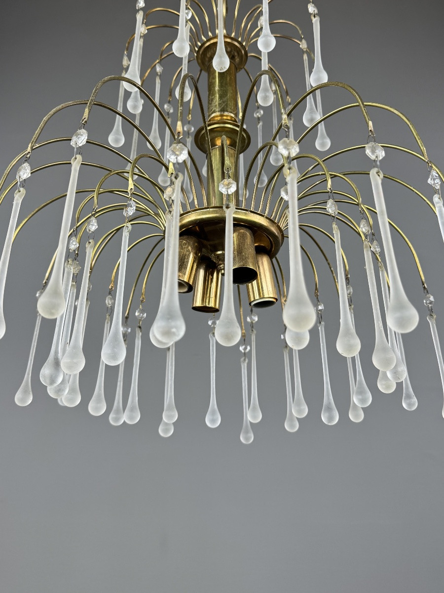Lustre en laiton doré et pampilles de verre, XXe siècle-photo-3