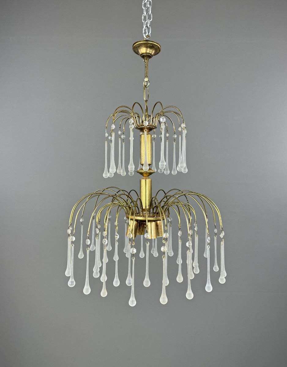 Lustre en laiton doré et pampilles de verre, XXe siècle