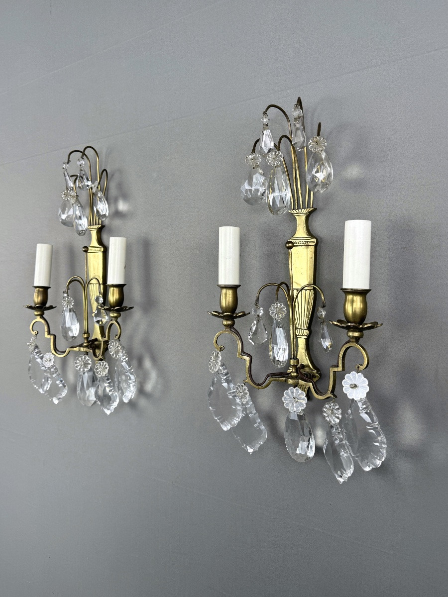 Paire d’appliques en laiton et cristal, XXe Siècle-photo-2