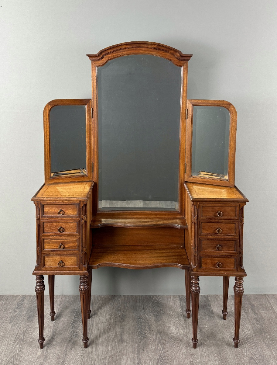 Large Dressing Table With Triptych Mirror, Louis XVI Style, 20th Century