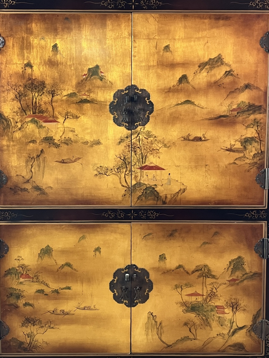 Cabinet en laque asiatique à décor de paysages et oiseaux, XXe Siècle-photo-4