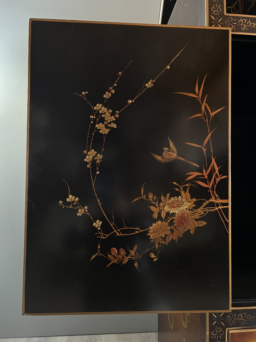 Cabinet en laque asiatique à décor de paysages et oiseaux, XXe Siècle-photo-2
