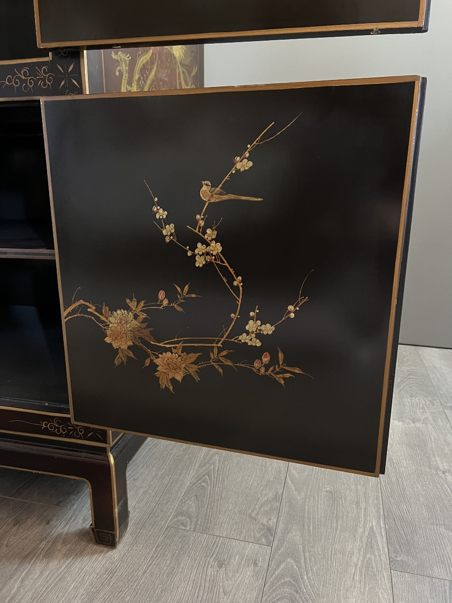 Cabinet en laque asiatique à décor de paysages et oiseaux, XXe Siècle-photo-3