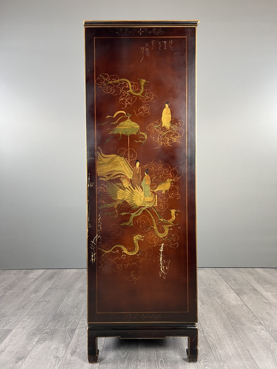 Cabinet en laque asiatique à décor de paysages et oiseaux, XXe Siècle-photo-4