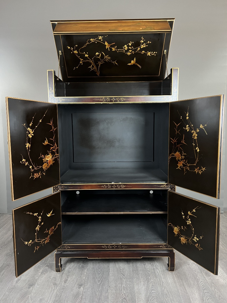 Cabinet en laque asiatique à décor de paysages et oiseaux, XXe Siècle-photo-6