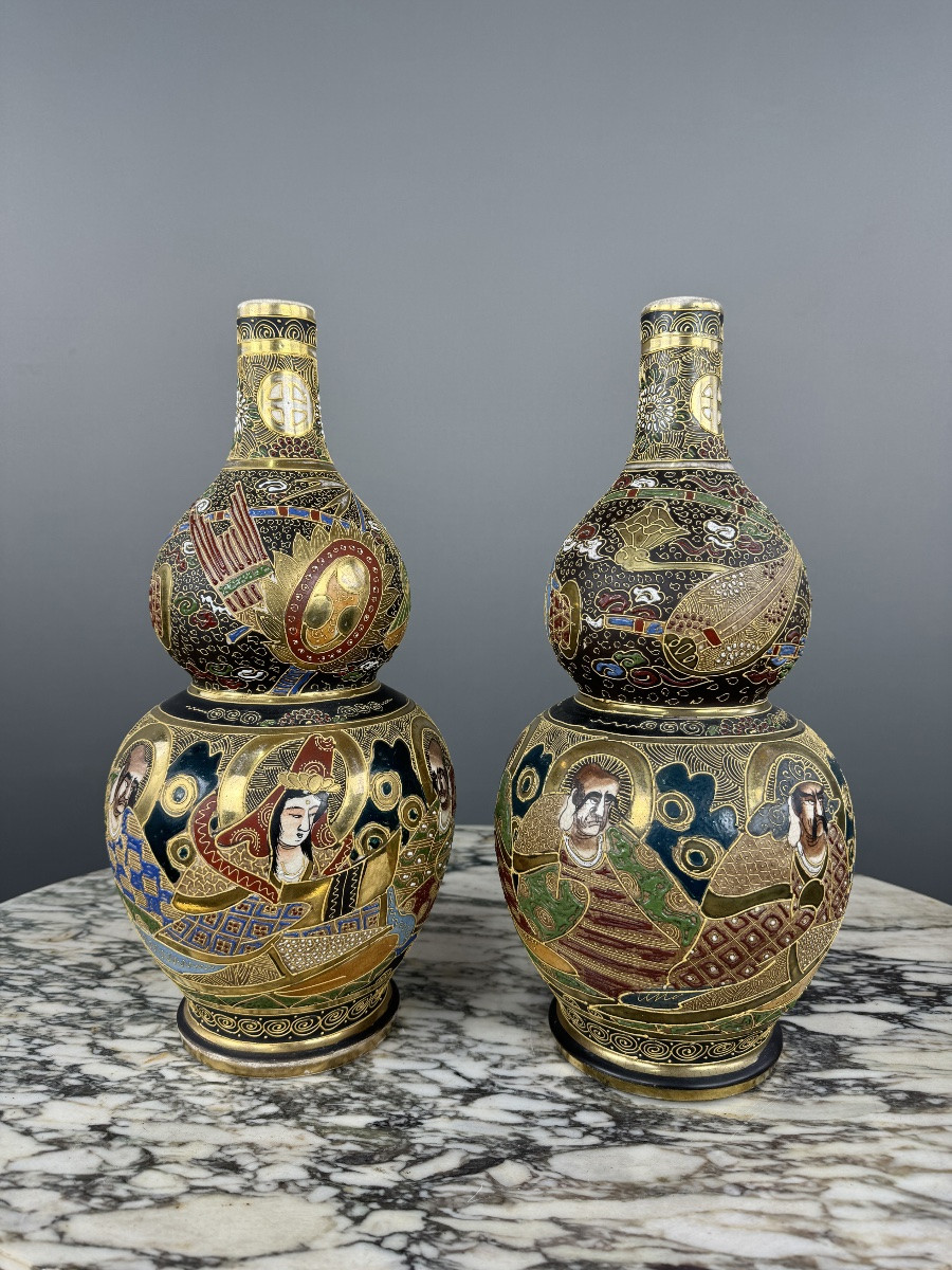 Pair Of Satsuma Japanese Vases, Meiji Period, 19th Century-photo-3