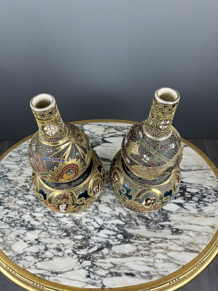 Pair Of Satsuma Japanese Vases, Meiji Period, 19th Century-photo-2
