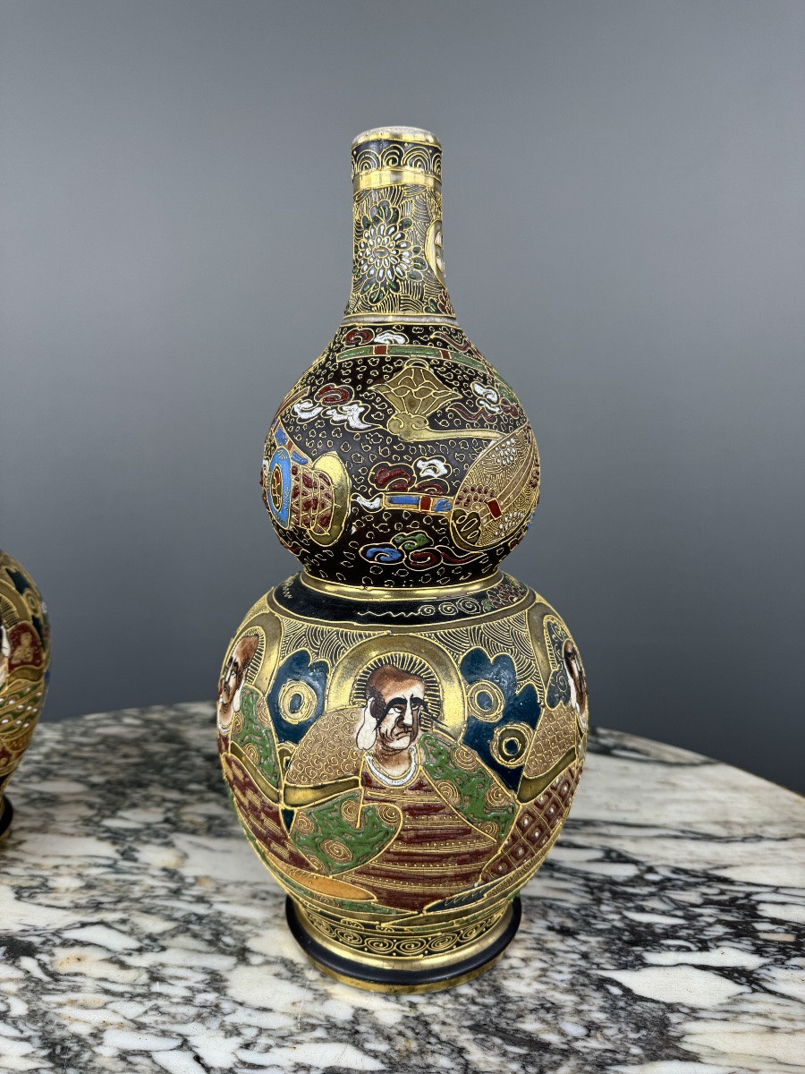 Pair Of Satsuma Japanese Vases, Meiji Period, 19th Century-photo-8