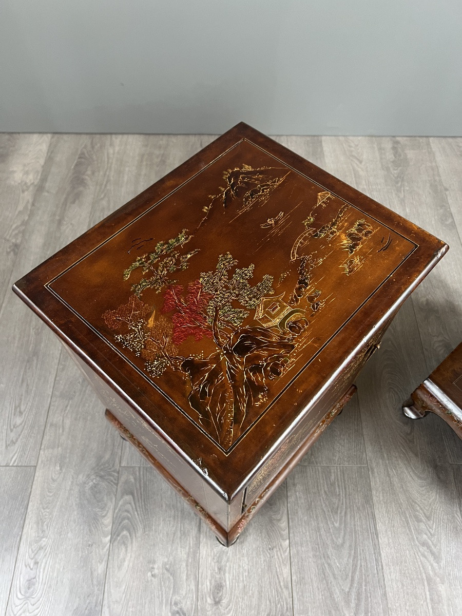 Paire De Chevets Chinois Laqués À Décor De Paysages, XXe Siècle-photo-2