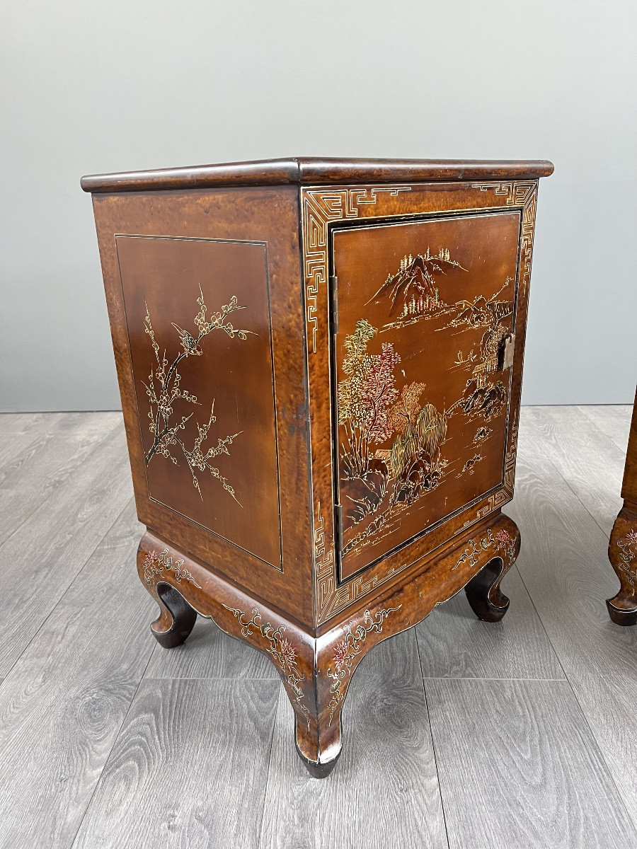 Paire De Chevets Chinois Laqués À Décor De Paysages, XXe Siècle-photo-3