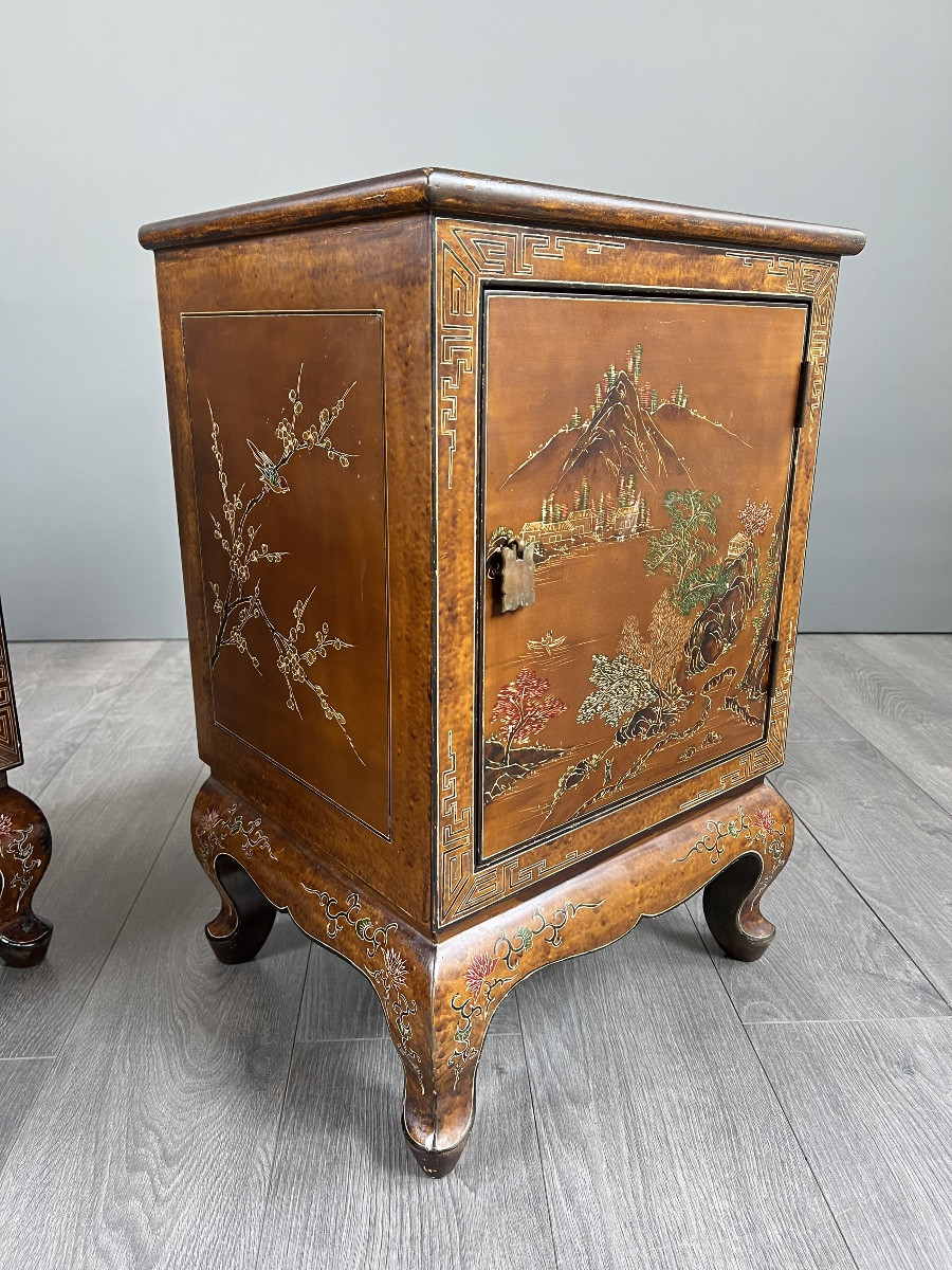 Paire De Chevets Chinois Laqués À Décor De Paysages, XXe Siècle-photo-4
