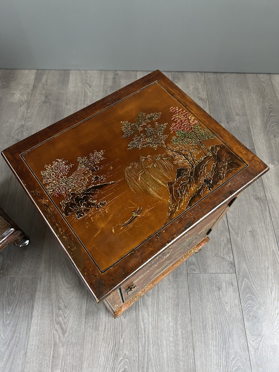 Paire De Chevets Chinois Laqués À Décor De Paysages, XXe Siècle-photo-5