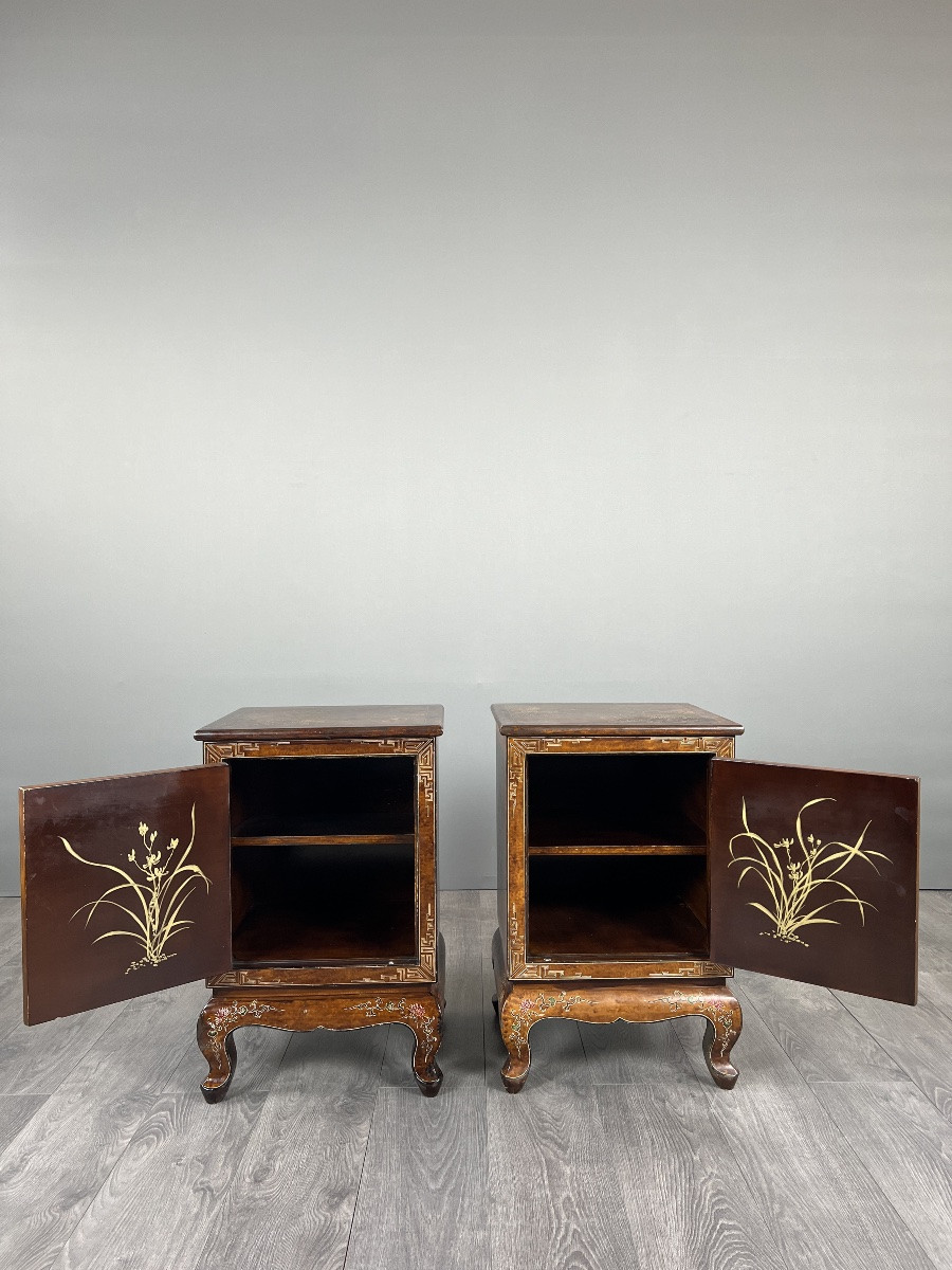 Paire De Chevets Chinois Laqués À Décor De Paysages, XXe Siècle-photo-6