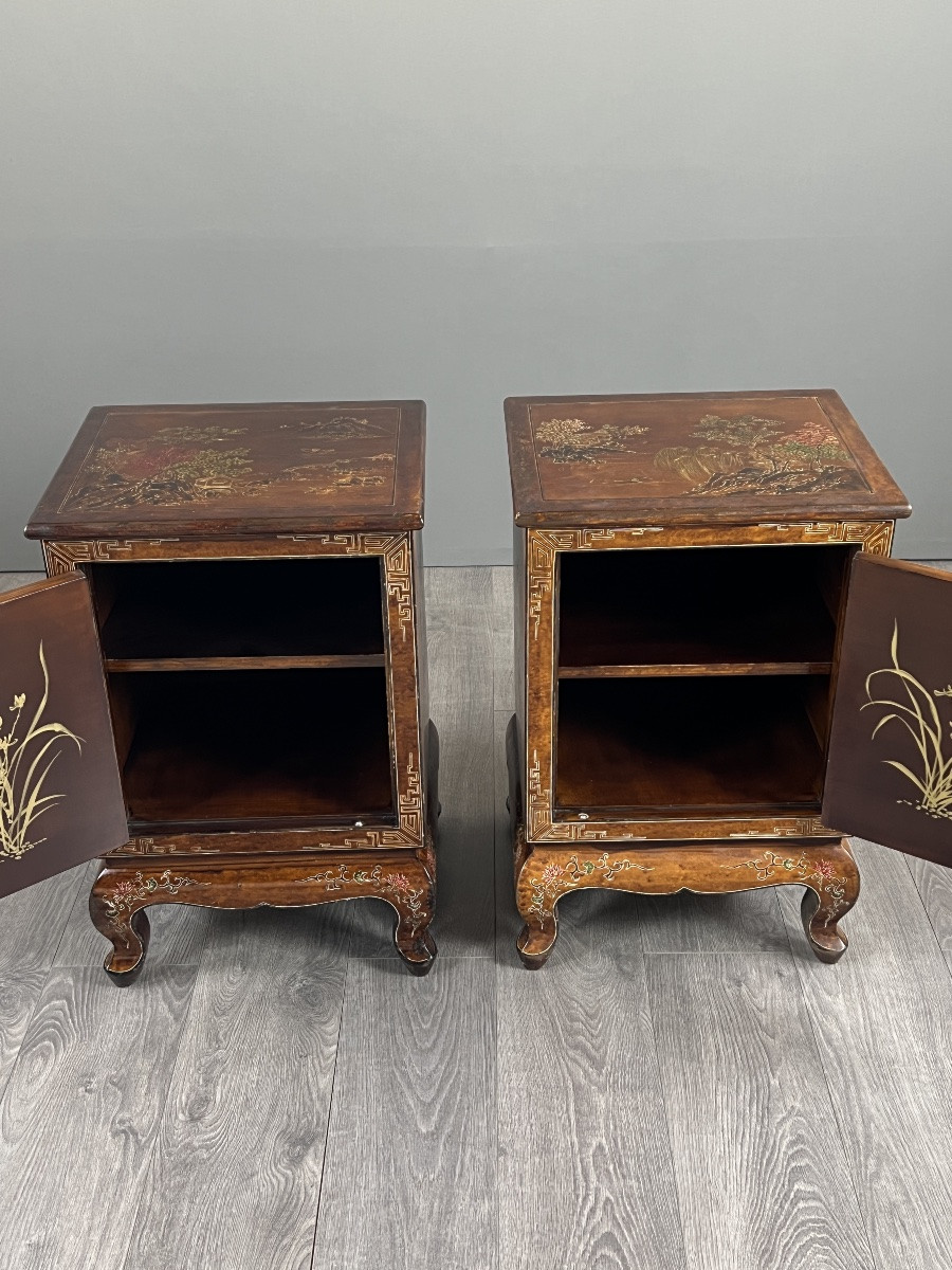 Paire De Chevets Chinois Laqués À Décor De Paysages, XXe Siècle-photo-7