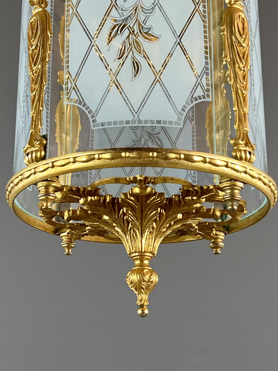 Lanterne de style Louis XVI en bronze doré et verre gravé, XXe Siècle-photo-2