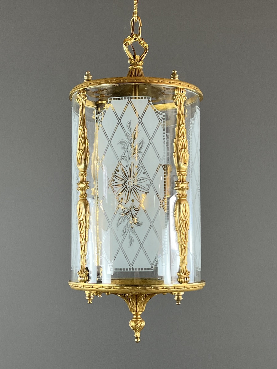 Lanterne de style Louis XVI en bronze doré et verre gravé, XXe Siècle-photo-3