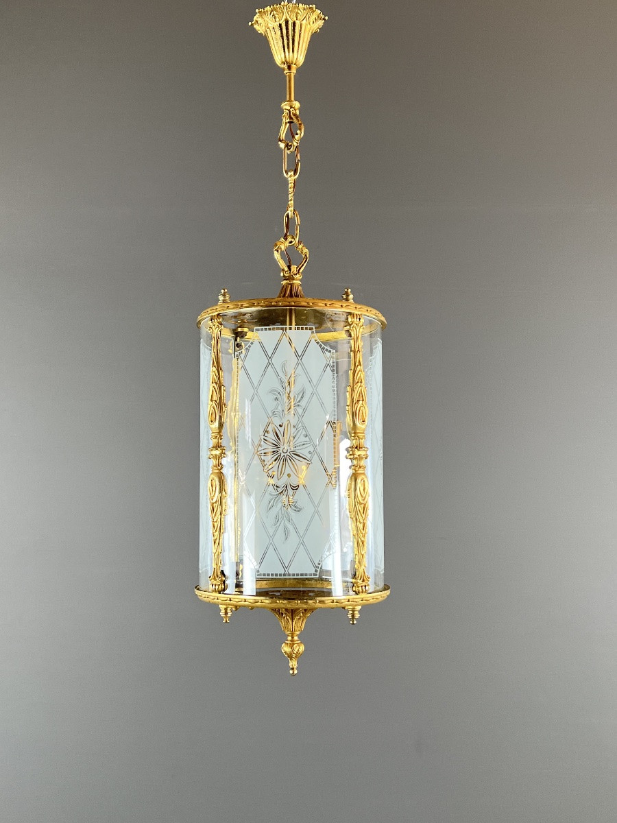 Lanterne de style Louis XVI en bronze doré et verre gravé, XXe Siècle-photo-3