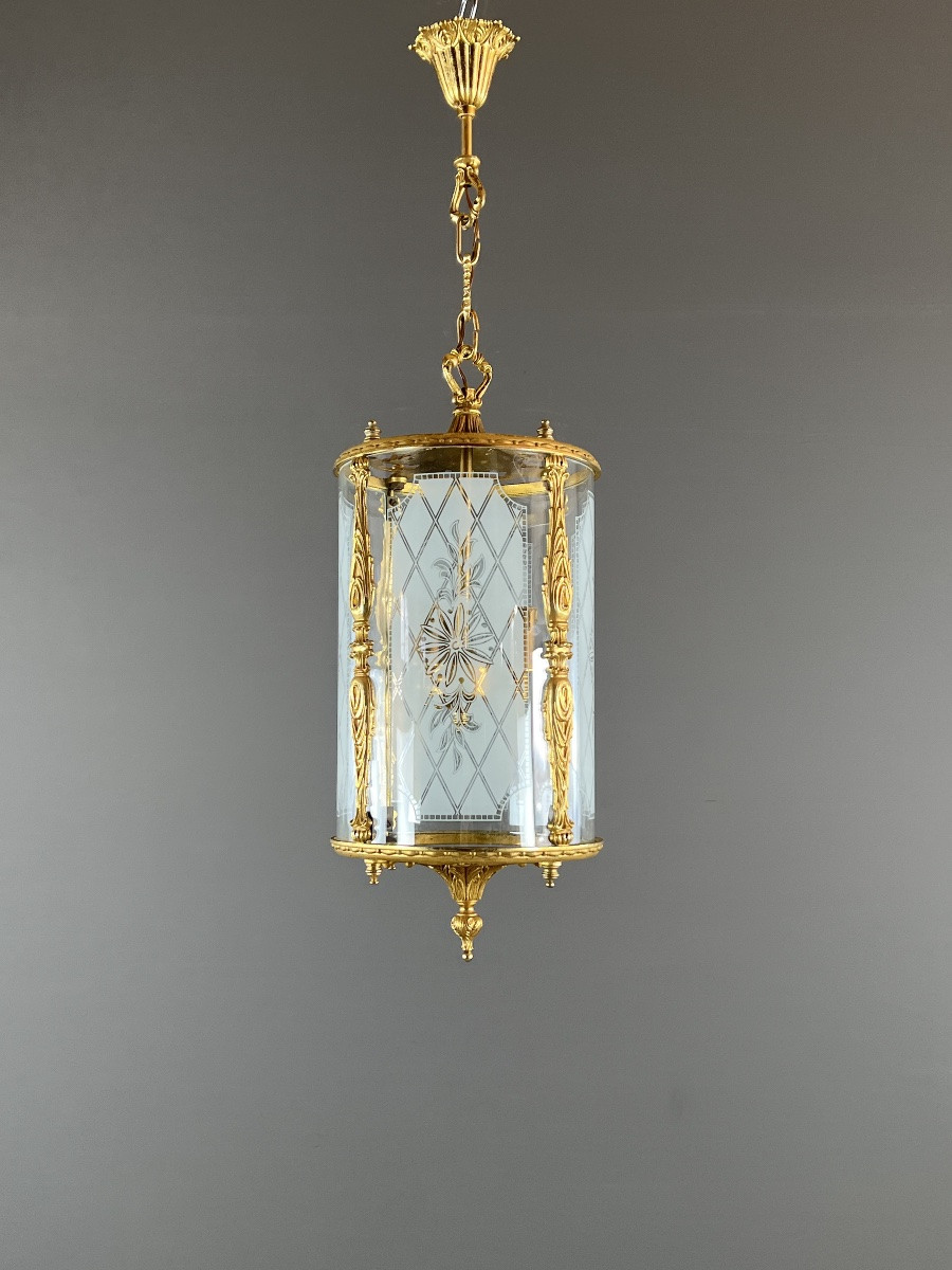 Lanterne de style Louis XVI en bronze doré et verre gravé, XXe Siècle-photo-5