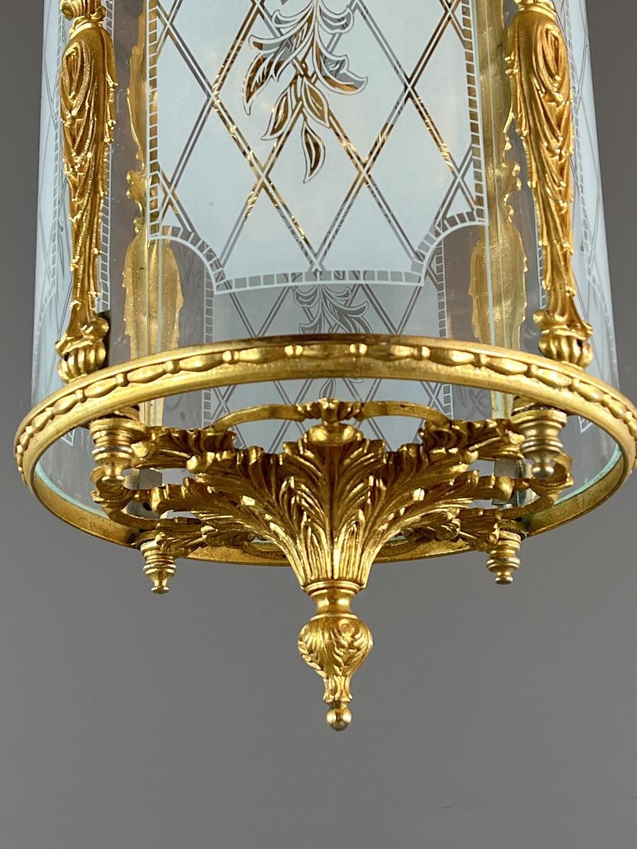 Lanterne de style Louis XVI en bronze doré et verre gravé, XXe Siècle-photo-7
