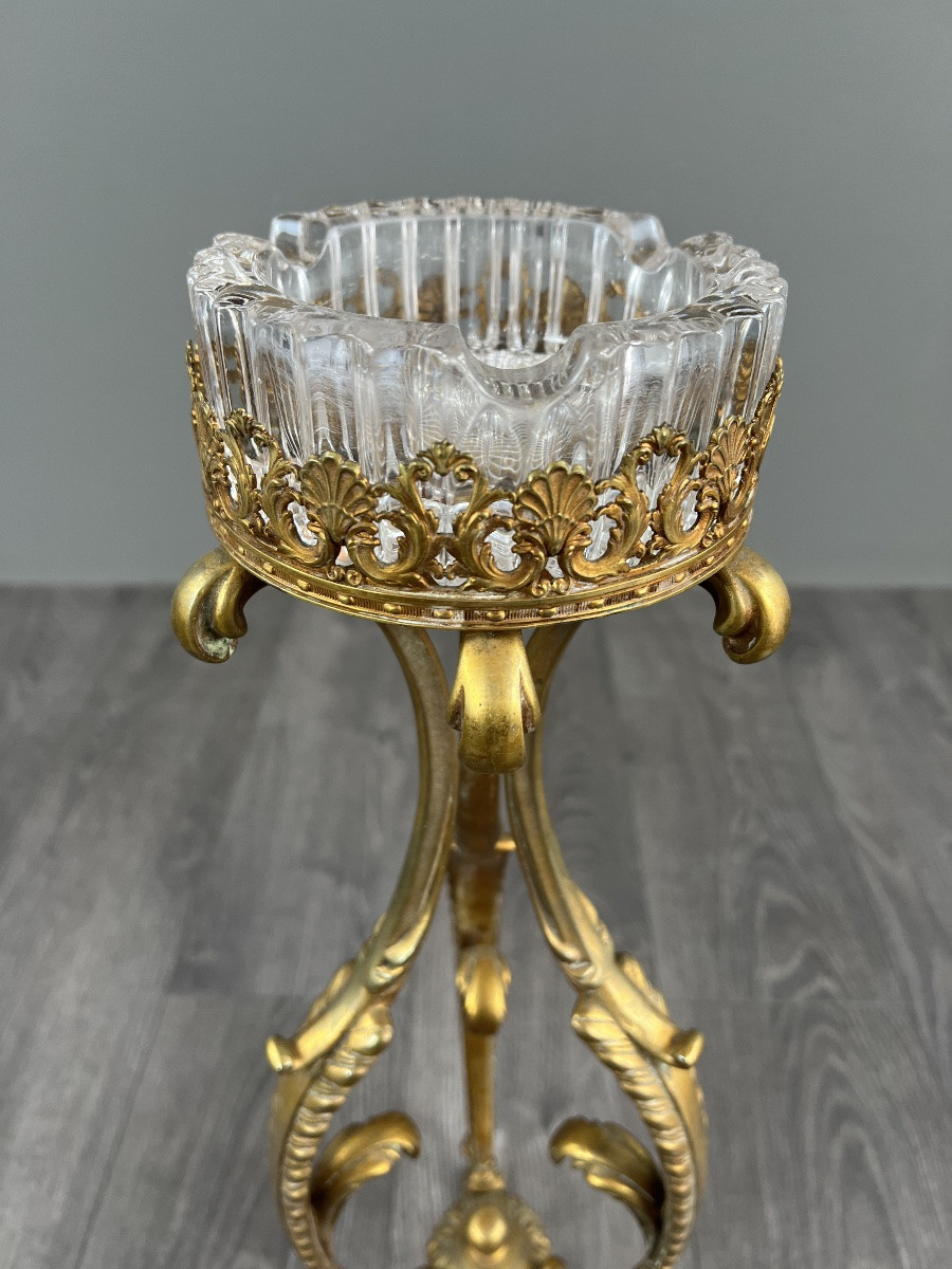 Standing Ashtray In Gilt Bronze And Crystal, 20th Century-photo-3