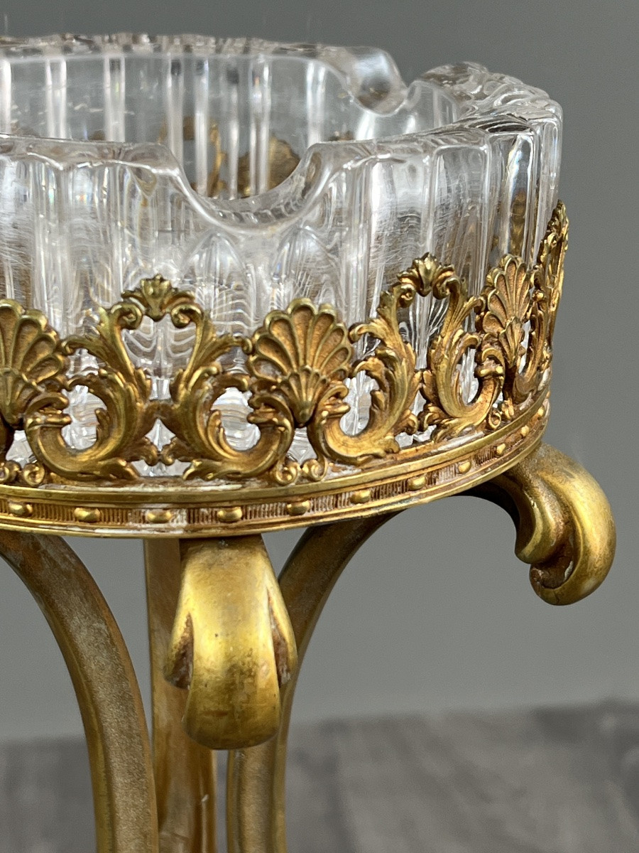Standing Ashtray In Gilt Bronze And Crystal, 20th Century-photo-4