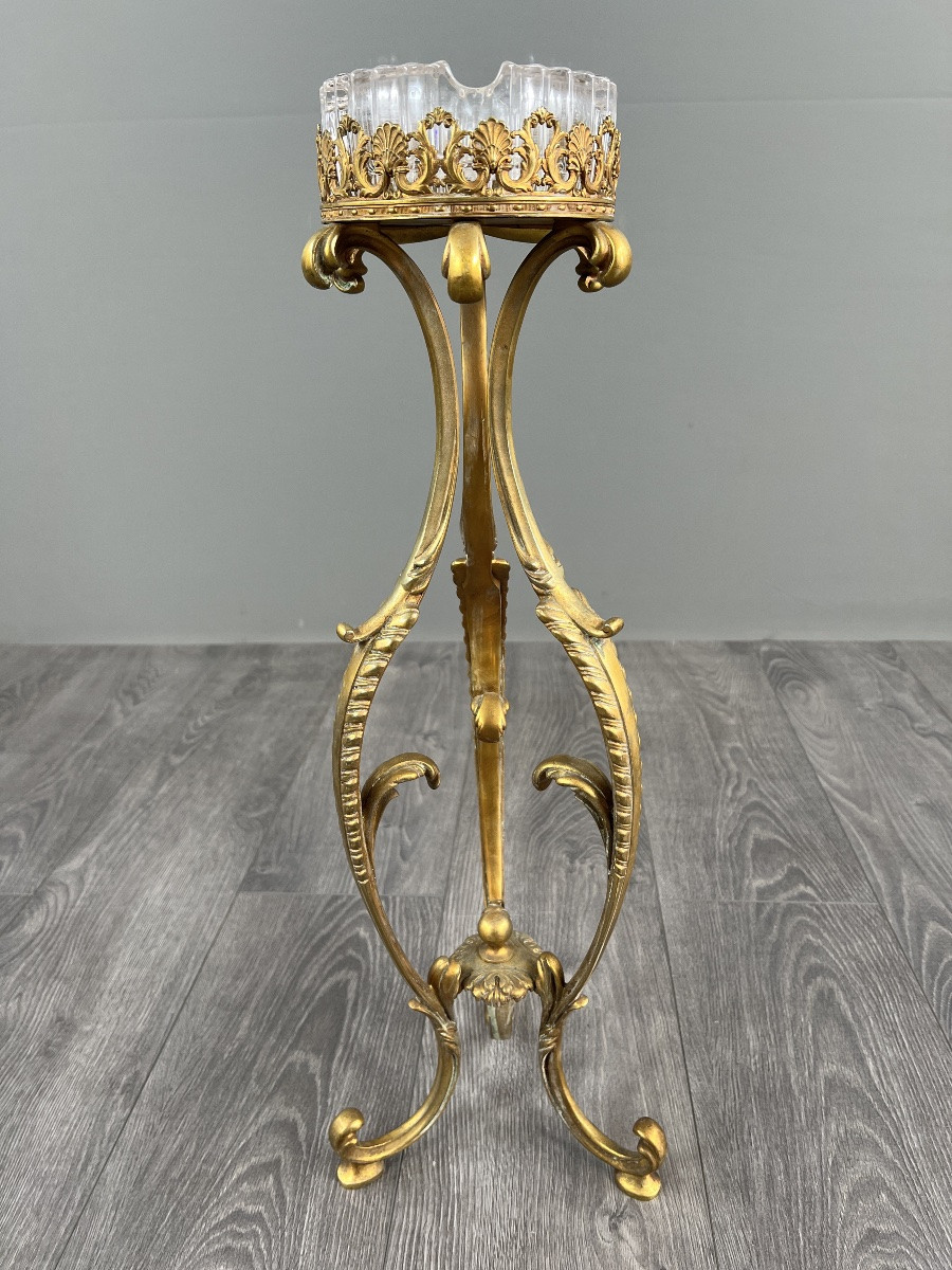 Standing Ashtray In Gilt Bronze And Crystal, 20th Century-photo-4