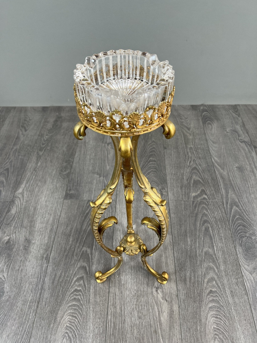 Standing Ashtray In Gilt Bronze And Crystal, 20th Century-photo-5